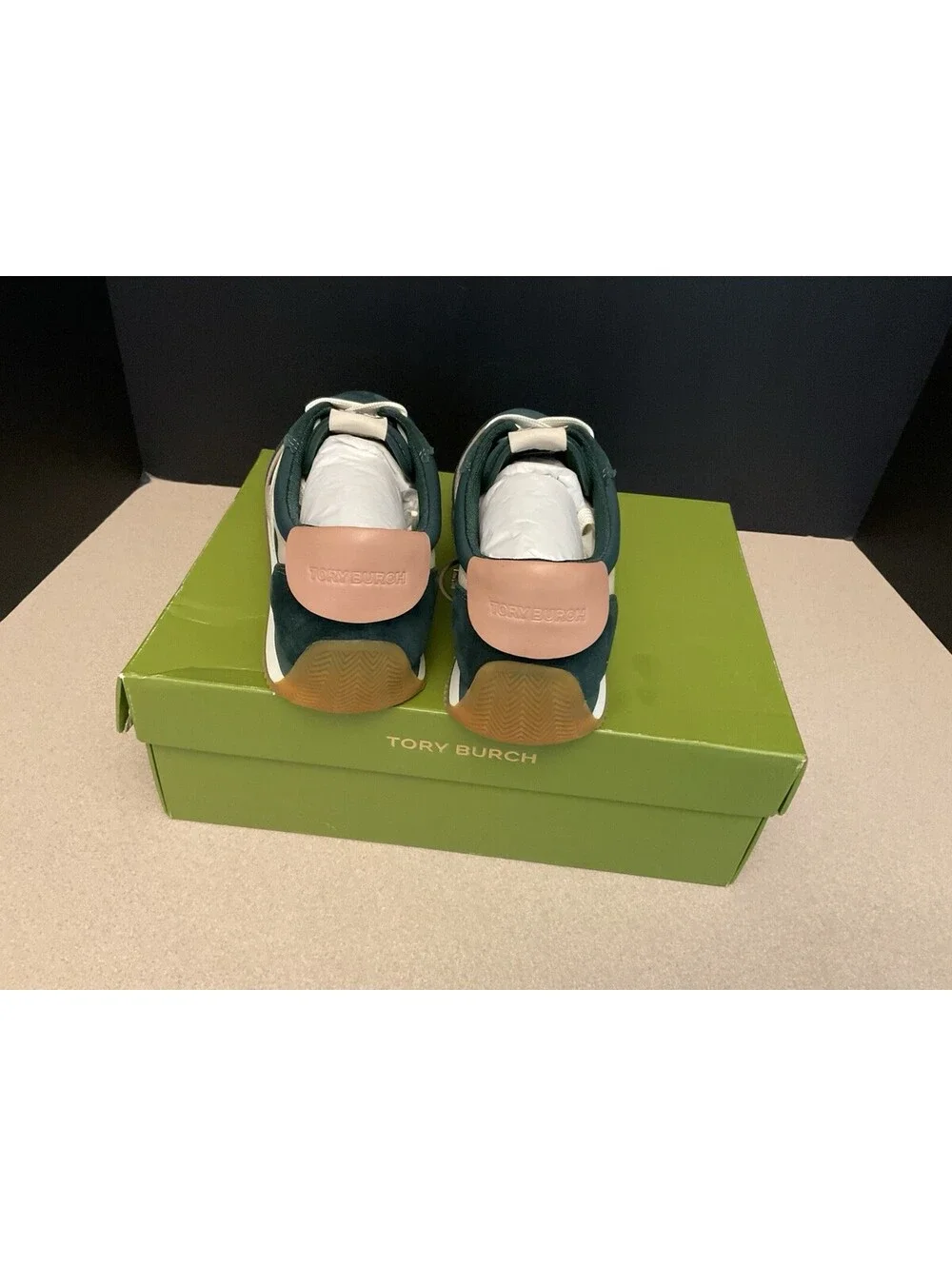New! Womens Tory Burch HANK Nylon & Suede Sneakers, Bottle Green/Pink. Size 8.
